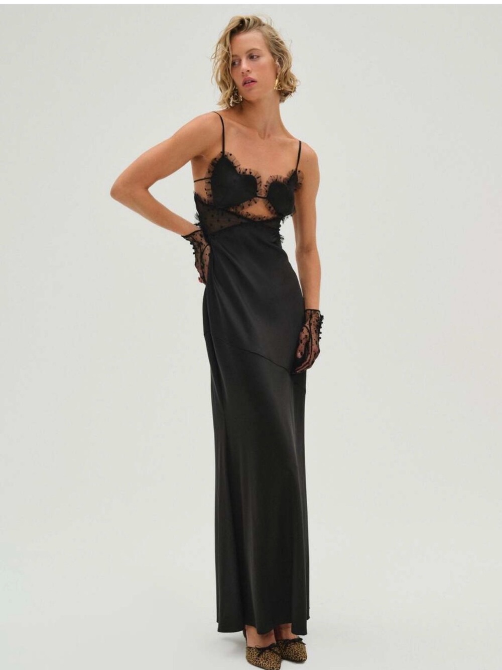 For Love And Lemons Black Lace-Trim Satin Slip Gown